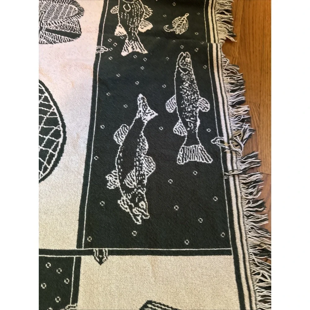 Vintage MWW Fly Fishing Trout Lodge Cabin Throw Blanket Jacquard 45x62 Green